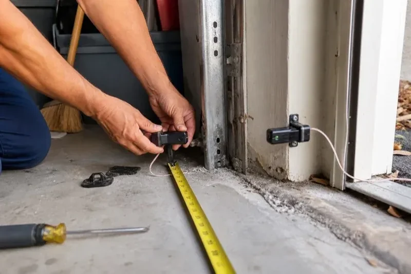 Hands holding a small wired device beside another mounted device and a tape measure at a garage-door opening — Photo-Eye Sensor Alignment or Replacement, Markham