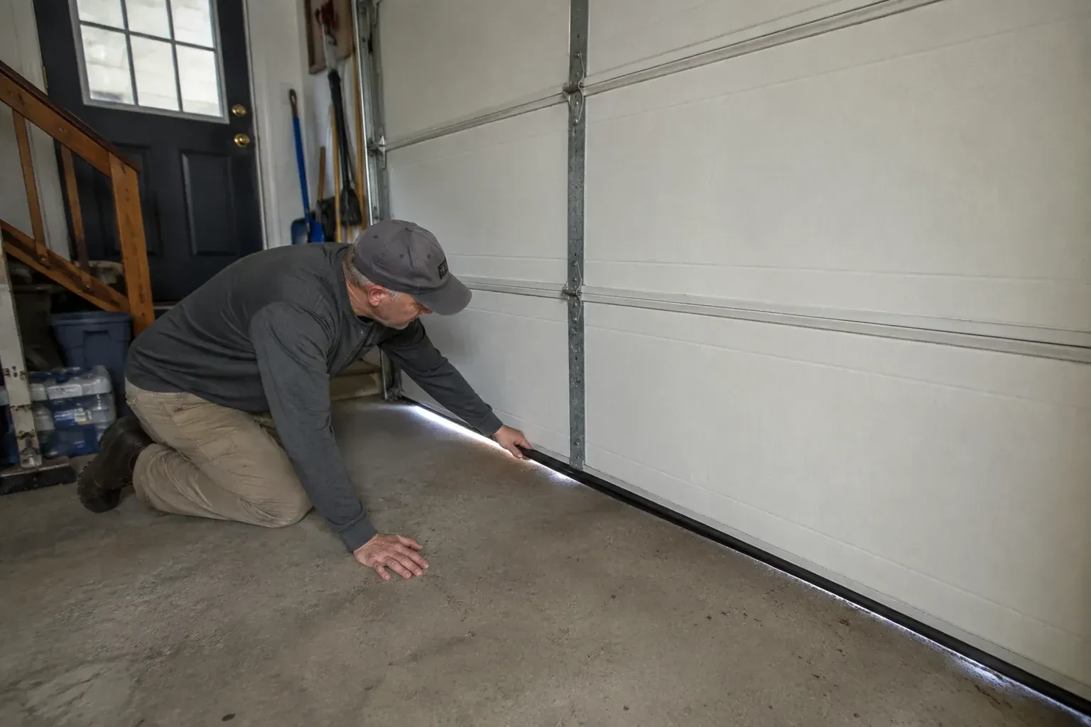 A person kneels beside the black bottom seal of a garage door, with daylight visible beneath the edge. — Garage Door Bottom Seal Replacement, Markham