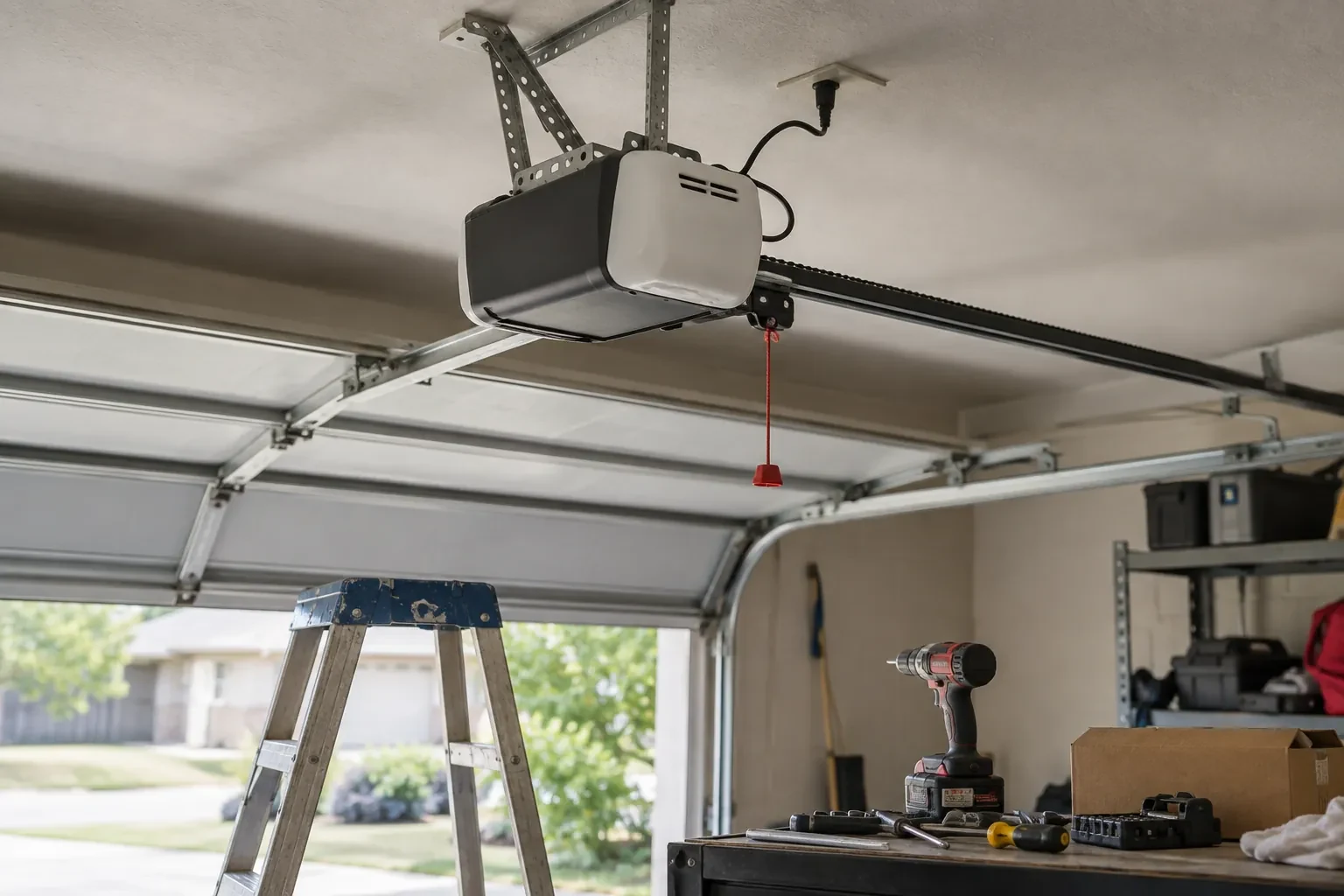 Ceiling-mounted garage-door opener with a red release cord, a blue stepladder below and a cordless drill on a workbench. — Markham