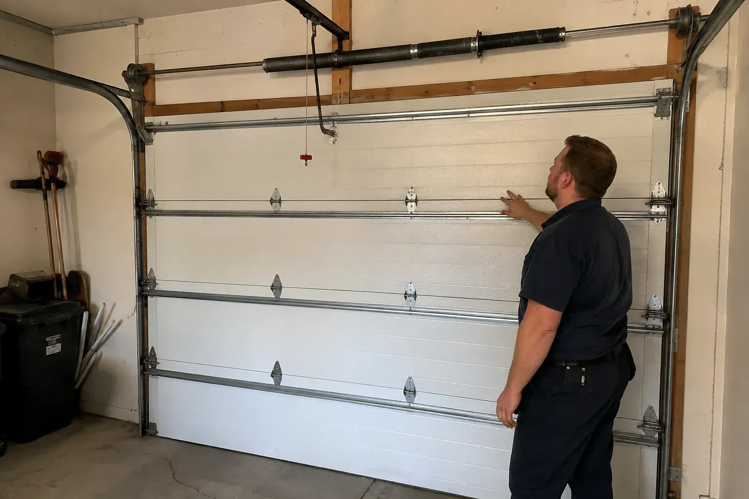 A person stands beside a closed sectional door beneath its overhead spring assembly. — Garage Door Balance Adjustment, Markham