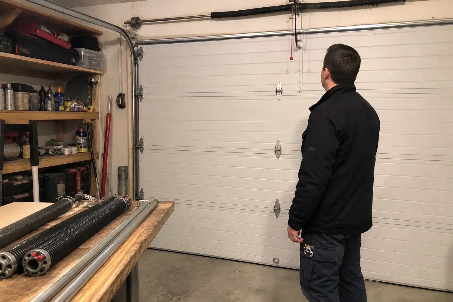Person in a jacket facing a closed white sectional door, with coiled springs and steel tubes on a wooden bench. — Extension Spring Replacement, Markham