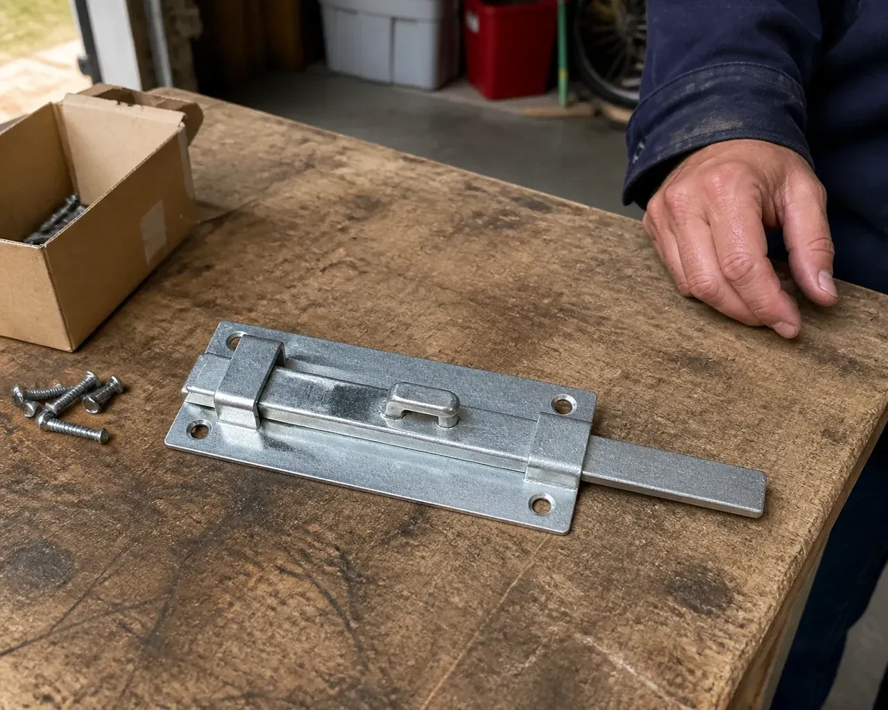 A detached metal slide bolt with mounting holes and retaining guides rests beside screws on a workbench. — Garage Door Manual Lock Repair, Markham