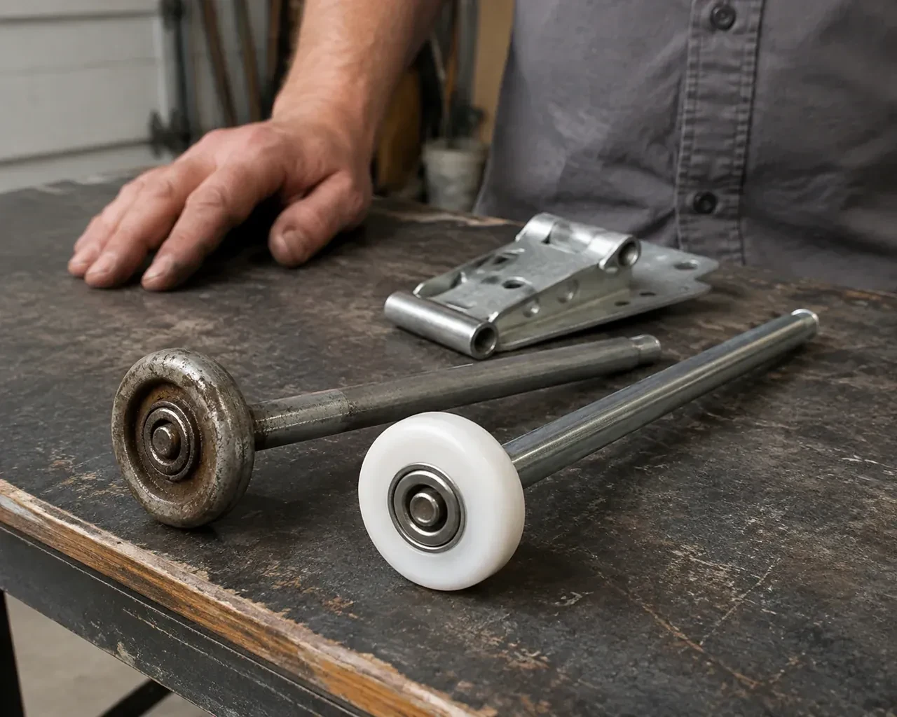 Steel and nylon garage-door rollers with long stems lie beside a detached hinge on a workbench. — Garage Door Roller Replacement, Markham