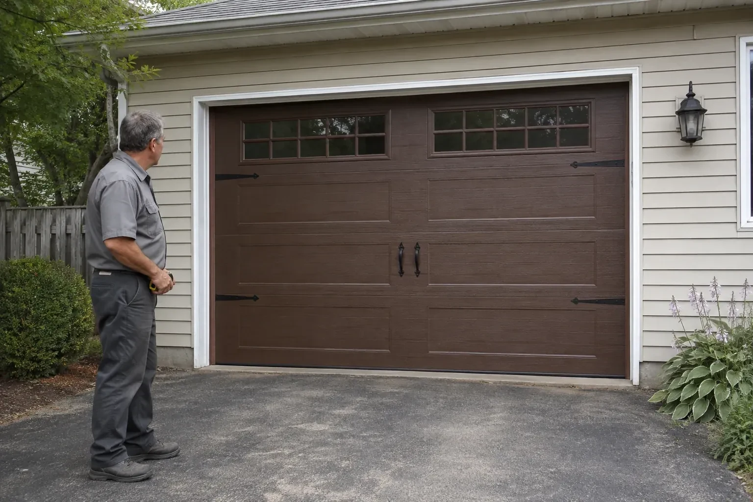 A person stands beside a closed brown garage door with upper windows and black decorative straps and handles. — Carriage-House Garage Door Installation, Markham