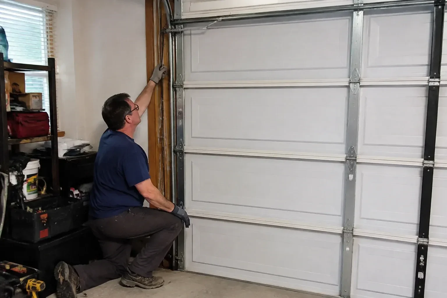 Person kneeling inside a garage reaching up along the vertical track of a white paneled door, with a toolbox and drill nearby. — Garage Door Cable Replacement, Markham