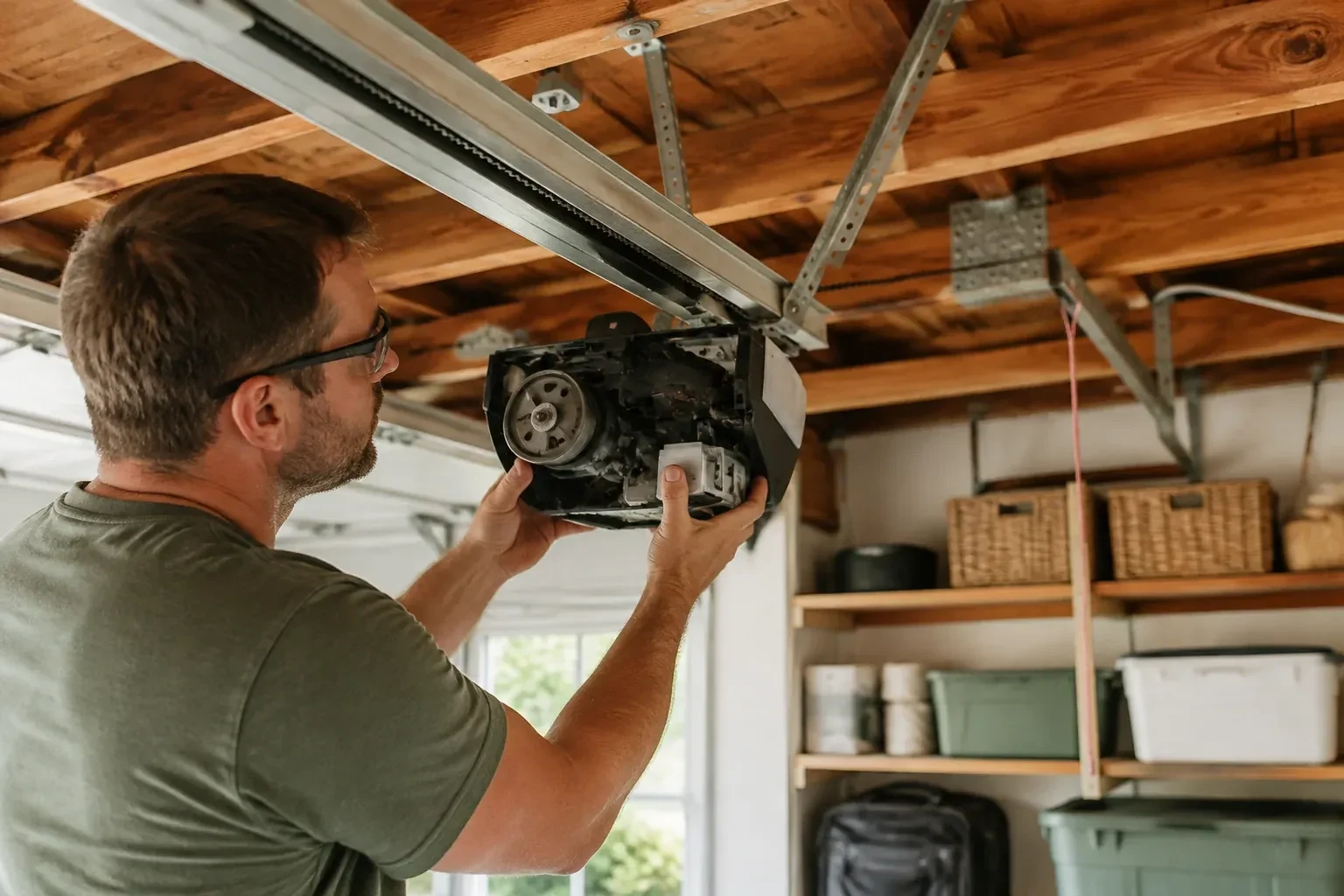 Person in a green shirt and glasses holding an opened opener housing that shows a gear, under wooden ceiling joists. — Belt-Drive Opener Repair, Markham