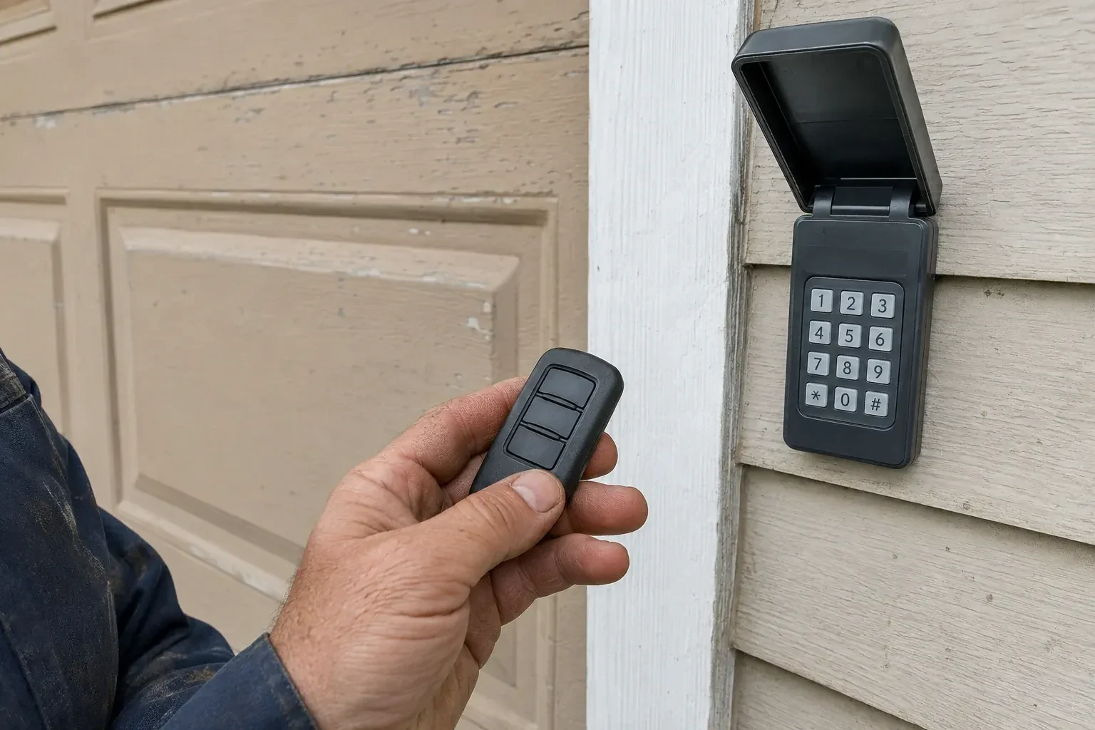 A hand holds a three-button remote beside an exterior garage keypad with its cover open. — Garage Door Remote and Keypad Programming, Markham