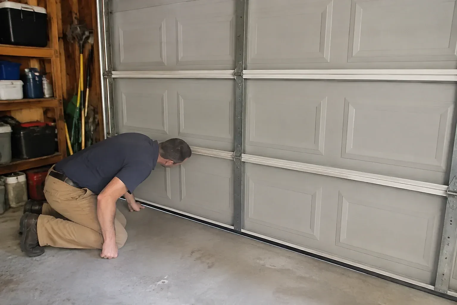 Person kneeling with a hand at the base of a gray paneled door that has a black strip along its bottom. — Garage Door Perimeter Weatherstrip, Markham
