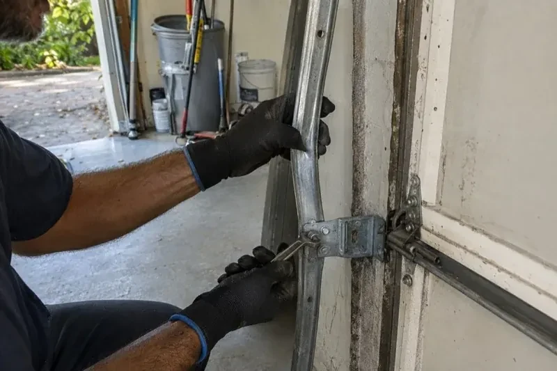 Gloved hands holding a vertical garage-door track and a wrench at its mounting bracket beside a door hinge. — Garage Door Track Repair or Replacement, Markham