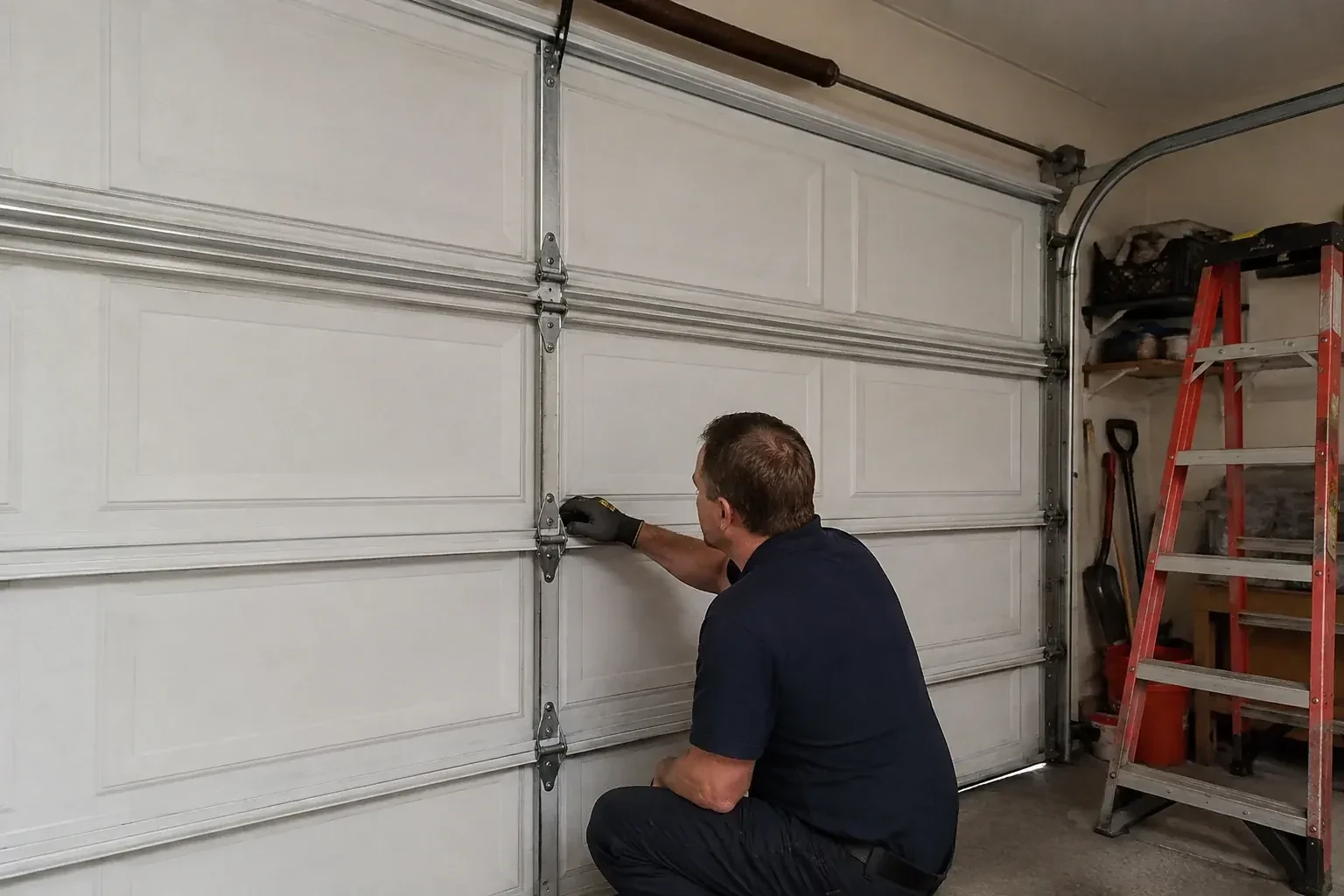 A person examines a central hinge joining two sections of a closed garage door. — Garage Door Hinge Replacement, Markham