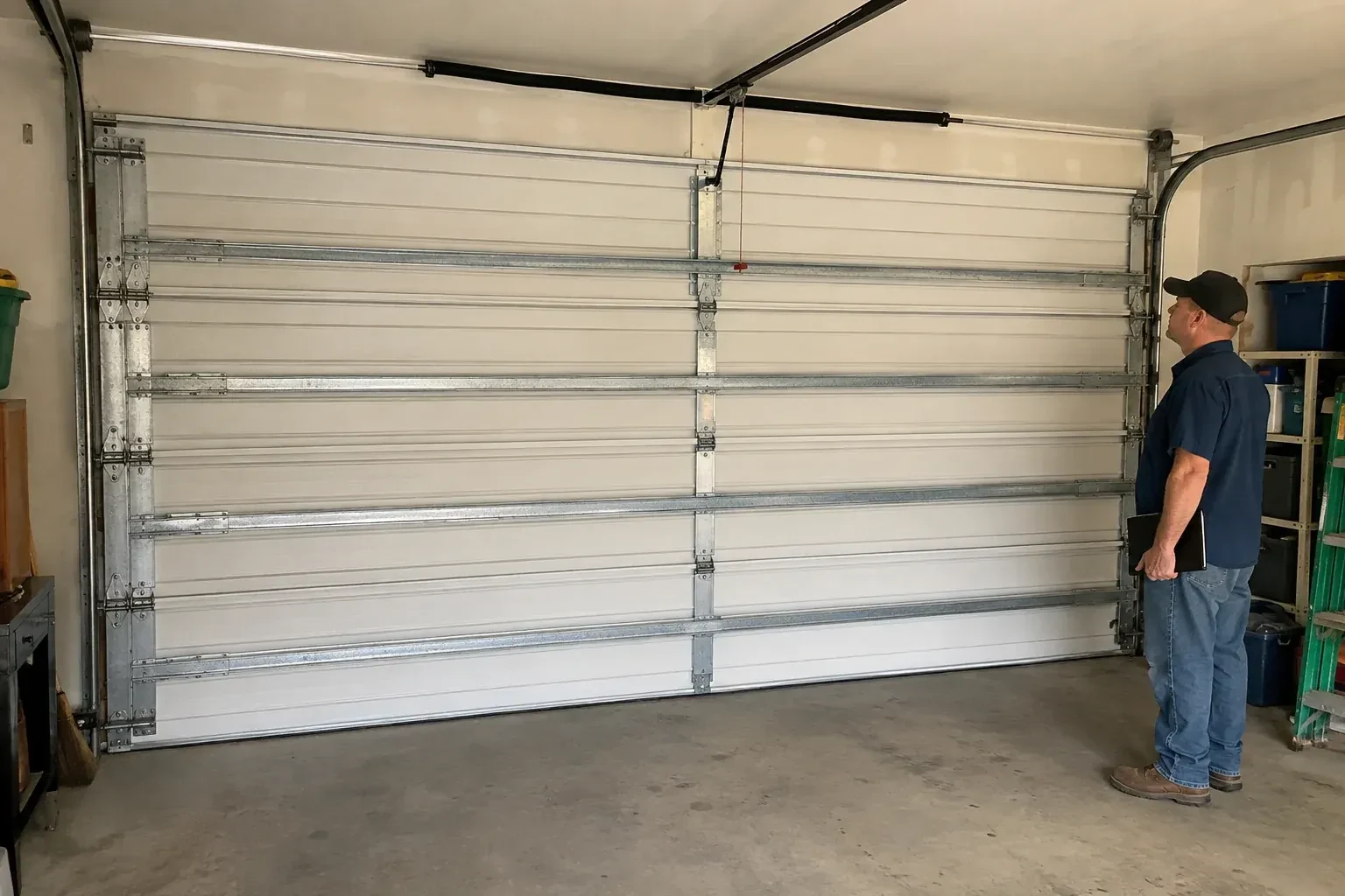 A person examines horizontal metal reinforcement members across the interior of a closed garage door. — Wind-Rated Garage Door Replacement, Markham