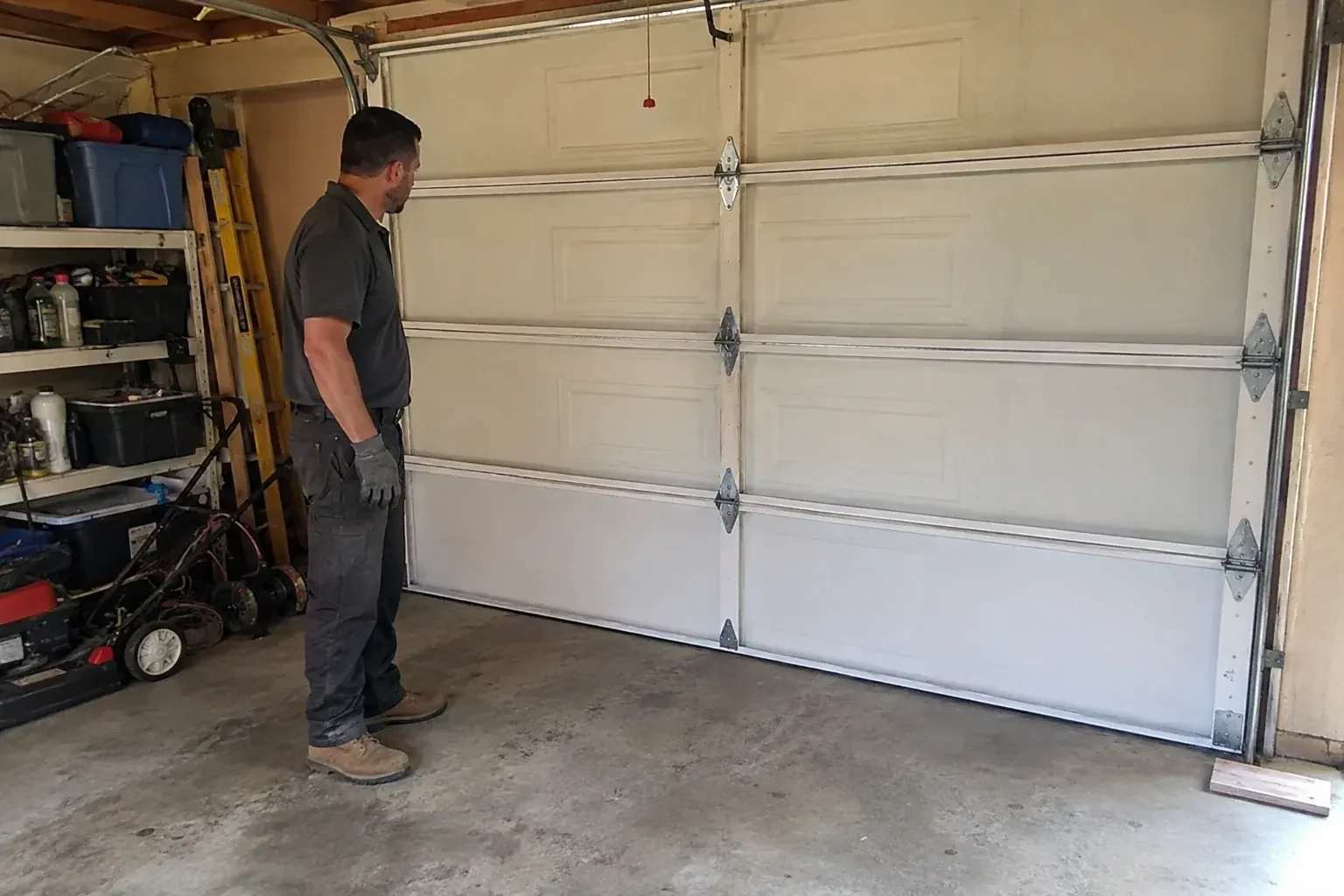 A person examines the interior panels and hinges of a closed sectional garage door. — Garage Door Panel Replacement, Markham