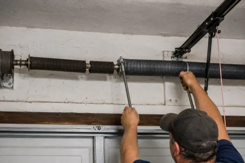 Person holding metal bars beside exposed coiled springs above a garage door. — Torsion Spring Replacement, Markham