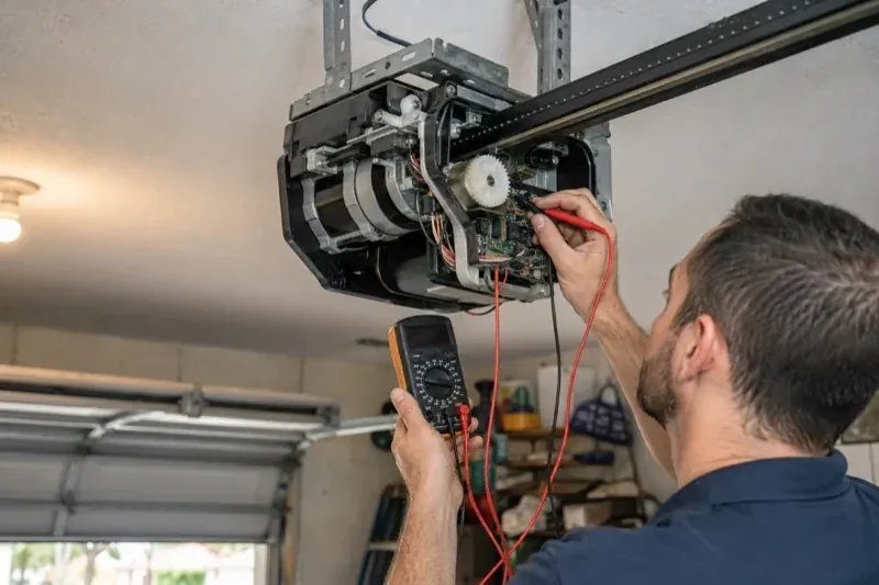 Person holding a multimeter and a red probe near the exposed circuit board of an overhead garage-door opener. — Garage Door Opener Diagnosis and Repair, Markham
