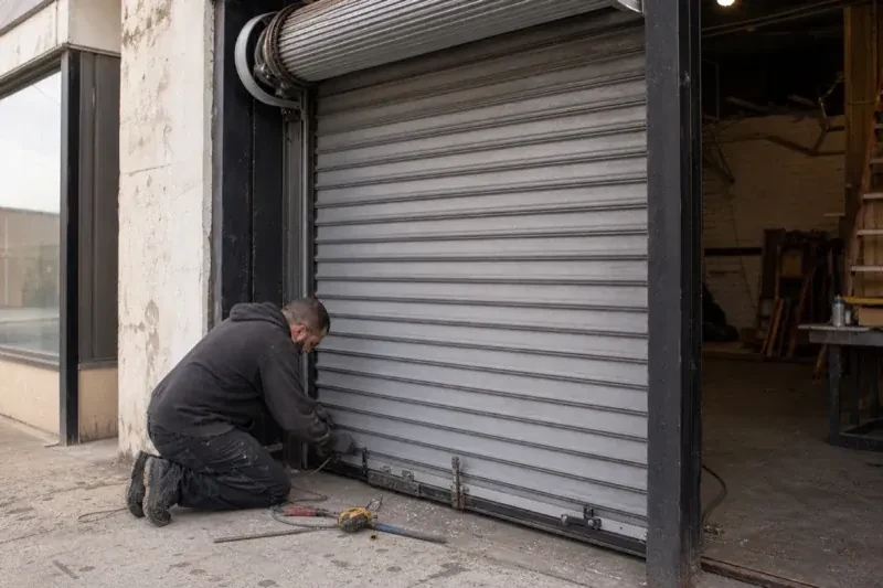 Person kneeling beside the bottom of a metal rolling door with tools on the ground — Commercial Rolling Door Repair, Markham