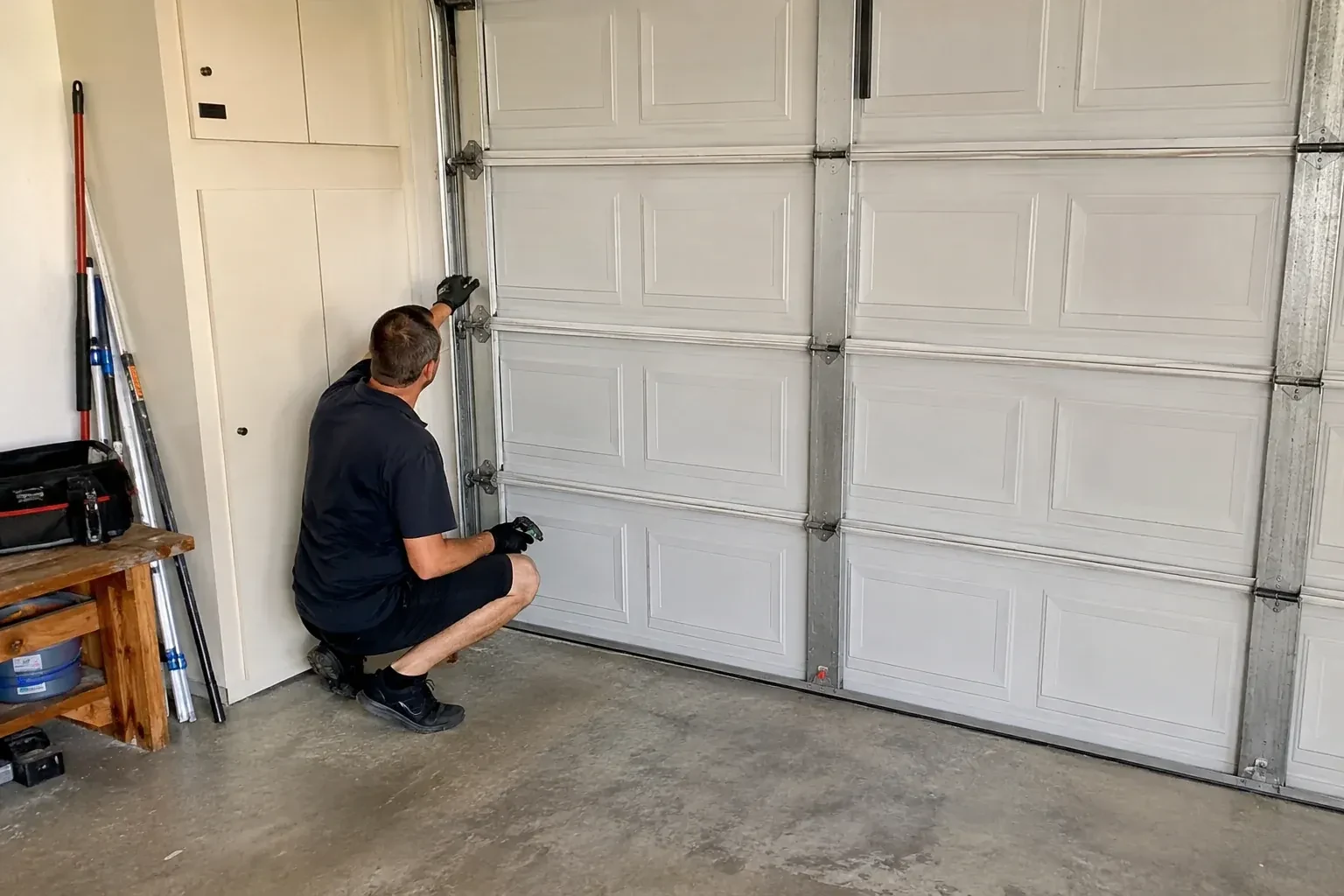 A person kneels beside the side track and hinges of a closed sectional garage door. — Garage Door Safety Inspection, Markham