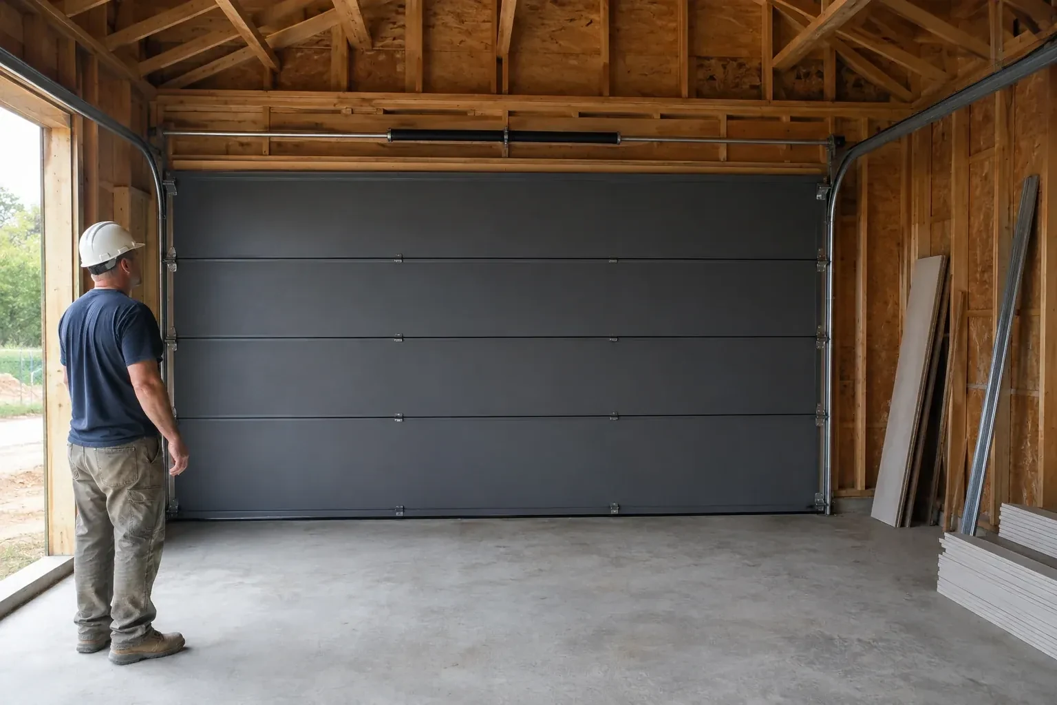 A person wearing a hard hat stands beside a dark sectional door in an unfinished timber-framed garage. — New-Construction Garage Door Installation, Markham